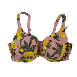Cacique Cotton Boost Plunge Bra Size 40D Pink Leaves Lemon Breathable NWT